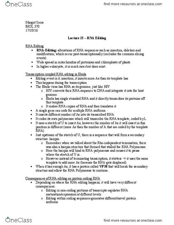 BIOL 300 Lecture Notes - Lecture 15: Exon, Alternative Splicing, Stem-Loop thumbnail