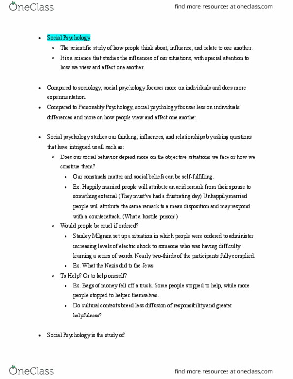 CAS PS 261 Lecture Notes - Lecture 1: Stanley Milgram, Construals, Social Influence thumbnail