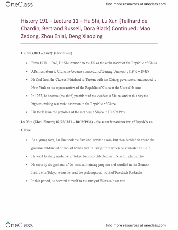 HIST 191 Lecture Notes - Lecture 11: Hyde Park, New York, Gobi Desert, Li Dazhao thumbnail