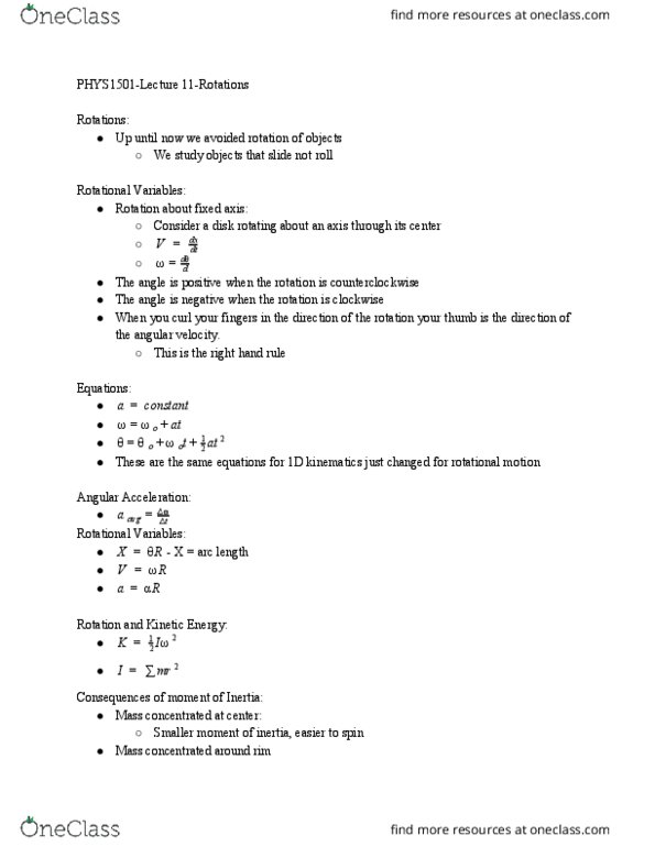 PHYS 1501Q Lecture Notes - Lecture 11: Angular Velocity, Kinematics thumbnail