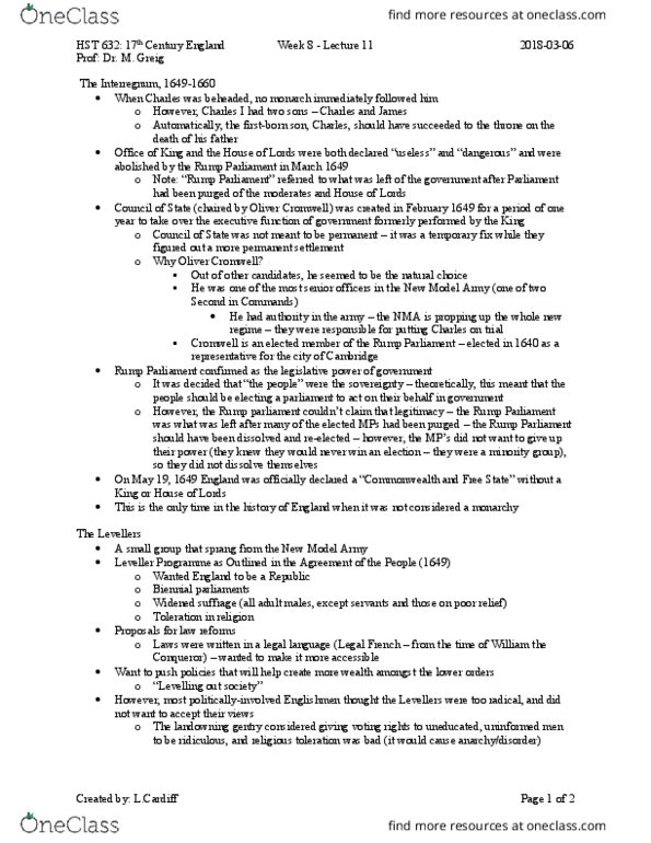 HST 632 Lecture Notes - Lecture 11: Rump Parliament, Gerrard Winstanley, Toleration thumbnail