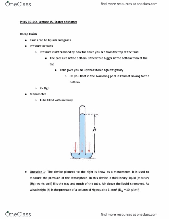 PHYS 1010Q Lecture Notes - Lecture 15: Graphene, Buoyancy, Pressure Measurement thumbnail