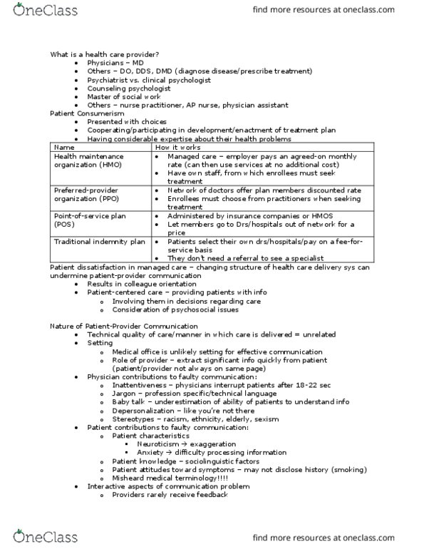 PSYCH 4800 Chapter Notes - Chapter 9: Nonverbal Communication, Nurse Practitioner, Physician Assistant thumbnail