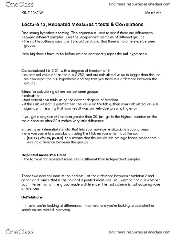 KINE 2050 Lecture Notes - Lecture 13: Repeated Measures Design, Null Hypothesis, Statistical Hypothesis Testing thumbnail