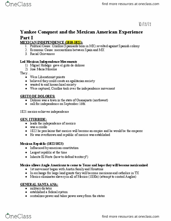 CH ST 1A Lecture Notes - Lecture 6: Manifest Destiny, Cry Of Dolores, José María Morelos thumbnail