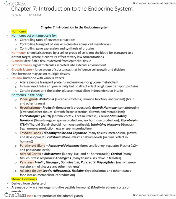 BISC276 Chapter Notes - Chapter 7: Posterior Pituitary, Anterior Pituitary, Pituitary Gland thumbnail