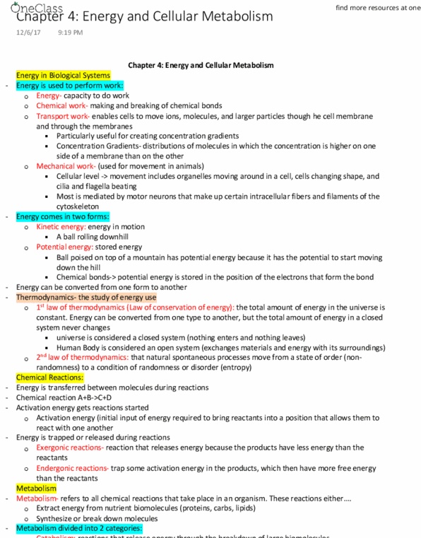 BISC276 Chapter Notes - Chapter 4: Cellular Respiration, Kinetic Energy, Activation Energy thumbnail