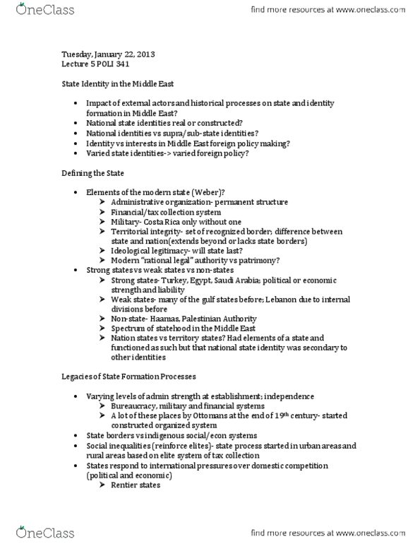 POLI 341 Lecture Notes - Lecture 4: Muammar Gaddafi, Arab Spring, Palestinian National Authority thumbnail