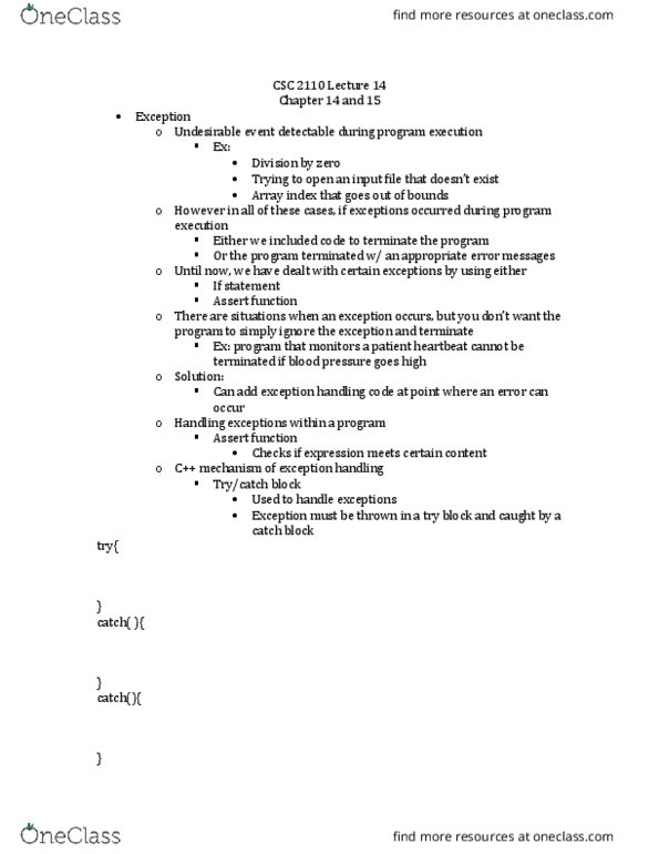 CSC 2110 Lecture Notes - Lecture 15: Include Directive, Exception Handling thumbnail