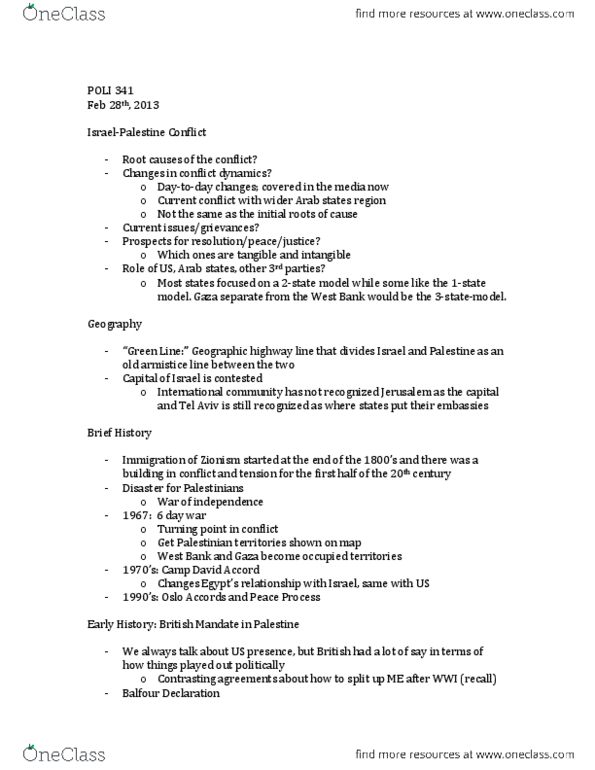 POLI 341 Lecture Notes - United Nations Security Council Resolution 242, United Nations Partition Plan For Palestine, Camp David Accords thumbnail