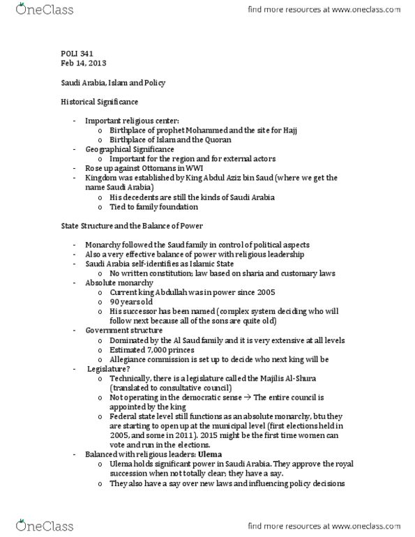 POLI 341 Lecture Notes - Dementia, Saudi Aramco, Shia Islam thumbnail