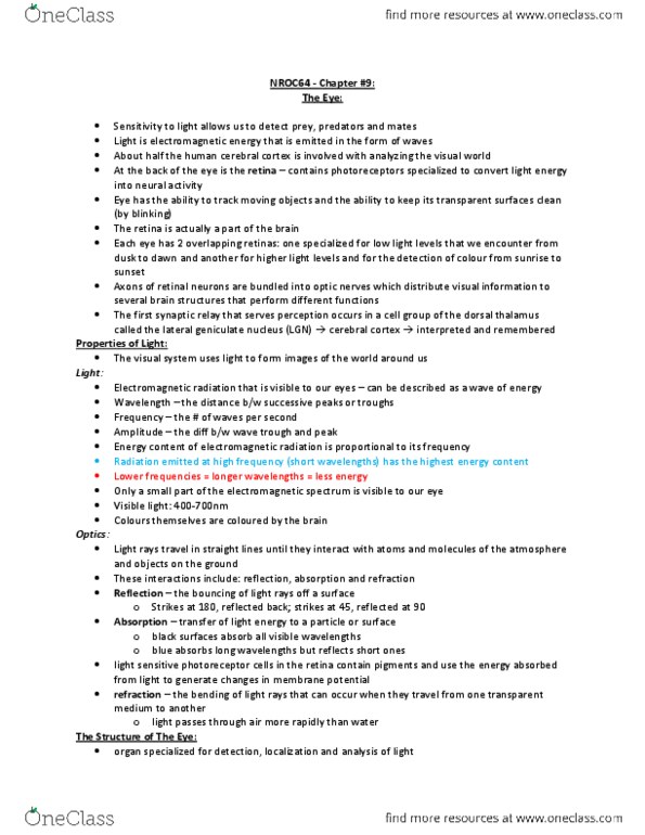 NROC64H3 Chapter Notes - Chapter 9: Brainstem, Trichromacy, Visual Phototransduction thumbnail