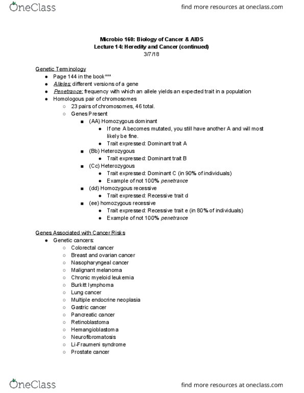 MICROBIO 160 Lecture Notes - Lecture 14: Multiple Hamartoma Syndrome, Chek2, Twin Study thumbnail