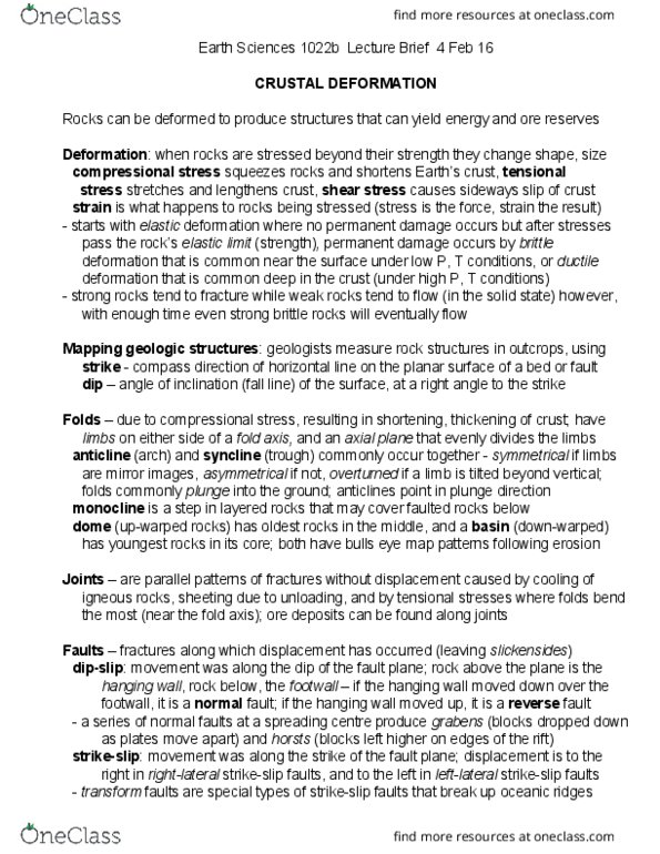 Earth Sciences 1022A/B Lecture Notes - Lecture 9: Slickenside, Anticline, Syncline thumbnail