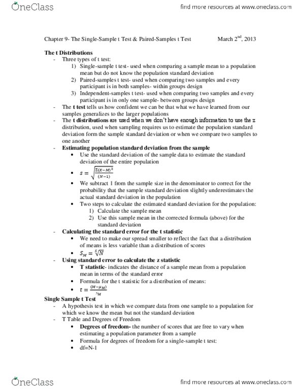 PSYC 1010 Chapter Notes - Chapter 9: Confidence Interval, Standard Deviation, Null Hypothesis thumbnail