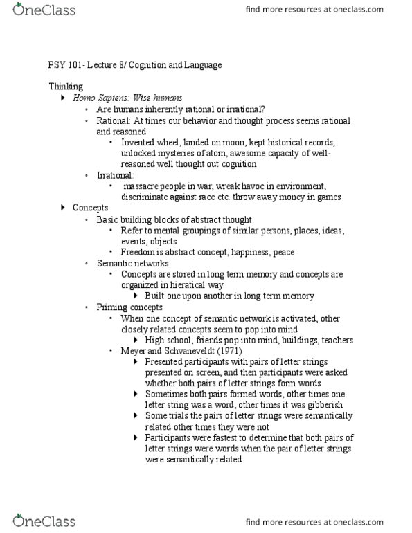 PSY 101 Lecture Notes - Lecture 8: Functional Fixedness, Confirmation Bias, Language Development thumbnail
