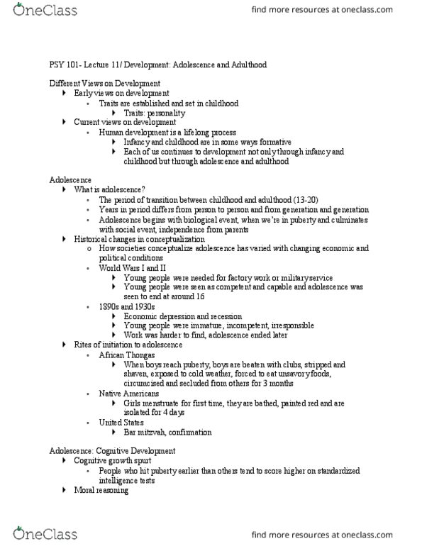 PSY 101 Lecture Notes - Lecture 11: Bar And Bat Mitzvah, Lawrence Kohlberg, Fluid And Crystallized Intelligence thumbnail