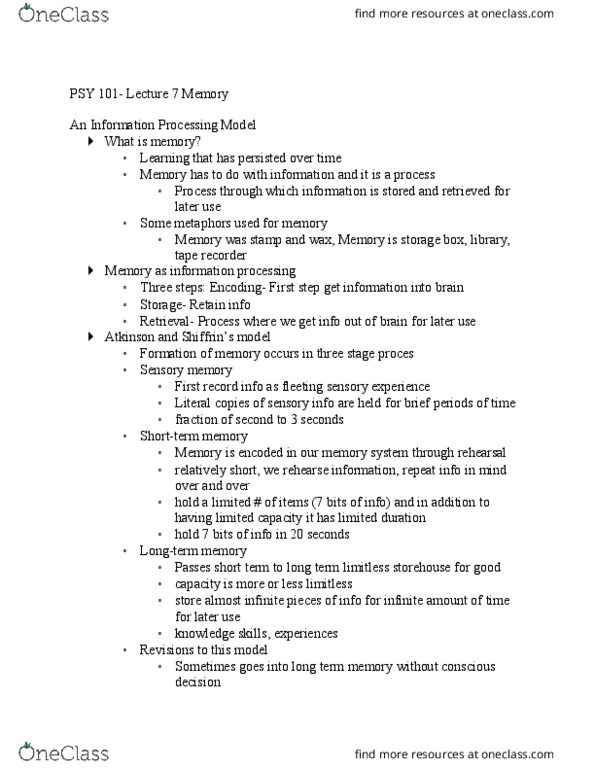 PSY 101 Lecture Notes - Lecture 7: Iconic Memory, Long-Term Memory, Solomon Shereshevsky thumbnail