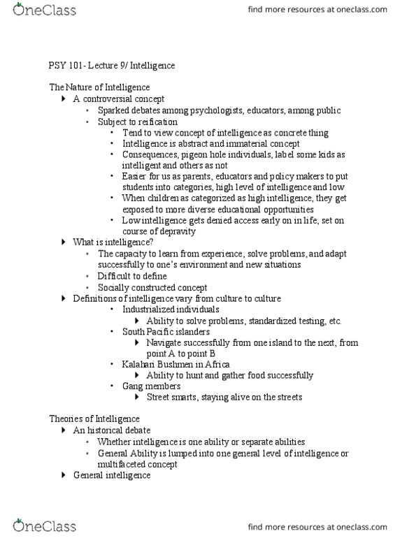 PSY 101 Lecture Notes - Lecture 9: Skill, Factor Analysis, Theory Of Multiple Intelligences thumbnail