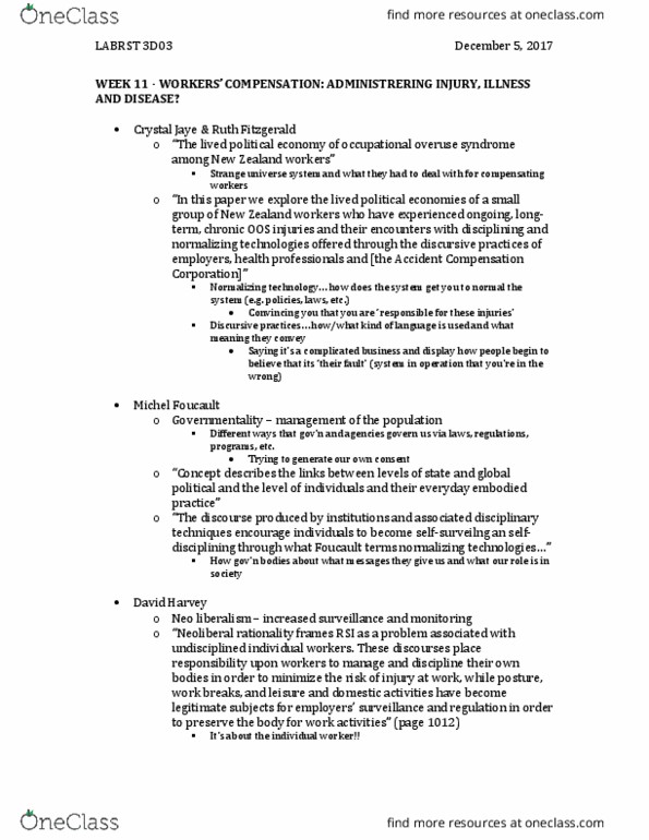 LABRST 3D03 Lecture Notes - Lecture 11: Repetitive Strain Injury, Accident Compensation Corporation, Michel Foucault thumbnail