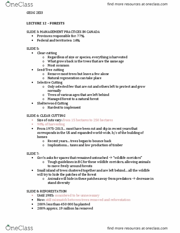 GEOG 2EI3 Lecture Notes - Lecture 12: Forest Management, Clearcutting, Spruce Budworm thumbnail