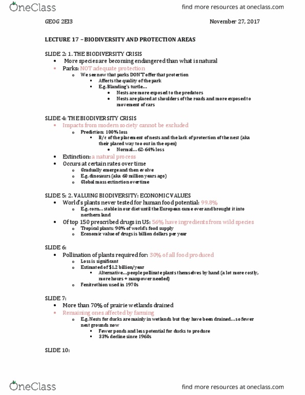 GEOG 2EI3 Lecture 17: LECTURE 17 – BIODIVERSITY AND PROTECTION AREAS thumbnail