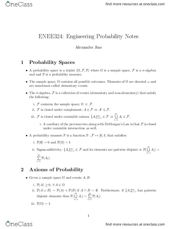 ENEE 324 Lecture Notes - Lecture 1: Disjoint Sets, Conditional Independence, Sample Space thumbnail