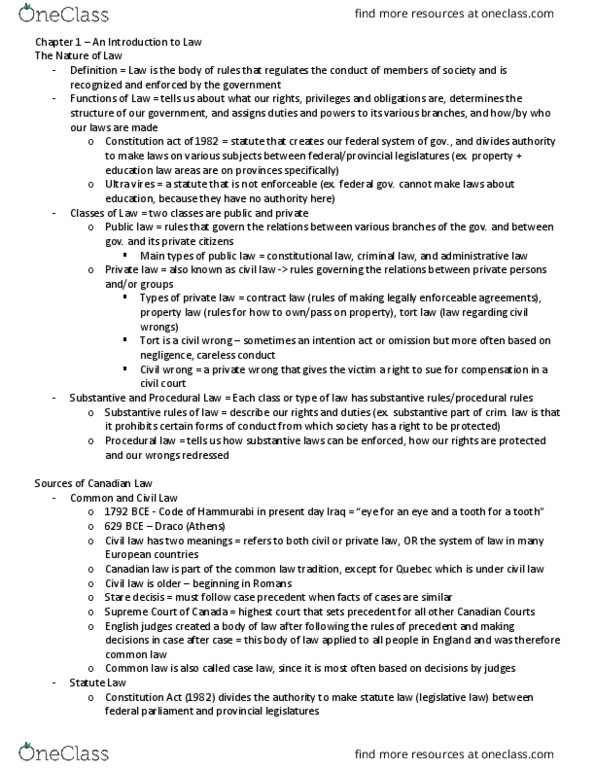 CRJS 3011 Chapter Notes - Chapter 1: Ultra Vires, Procedural Law, Private Law thumbnail