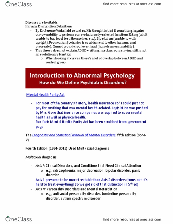 PSYCH 5681 Lecture Notes - Lecture 1: Mental Health Parity Act, Autism Spectrum, Borderline Personality Disorder thumbnail