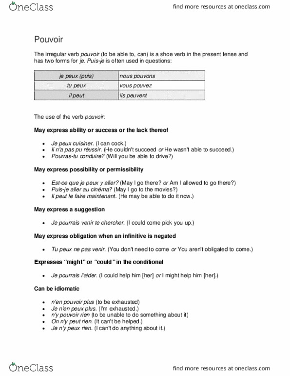 FREN 3051 Lecture Notes - Lecture 61: Regular And Irregular Verbs, Infinitive thumbnail