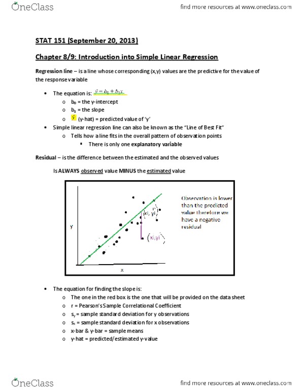 STAT151 Lecture Notes - Standard Deviation, Simple Linear Regression, Dependent And Independent Variables thumbnail