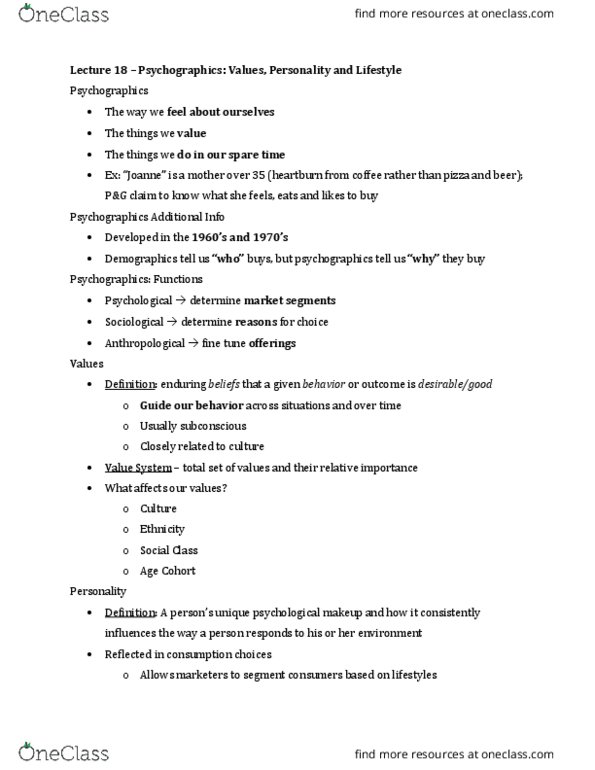 MARK 4100 Lecture Notes - Lecture 18: Psychographic, Protestant Work Ethic, Feeding America thumbnail