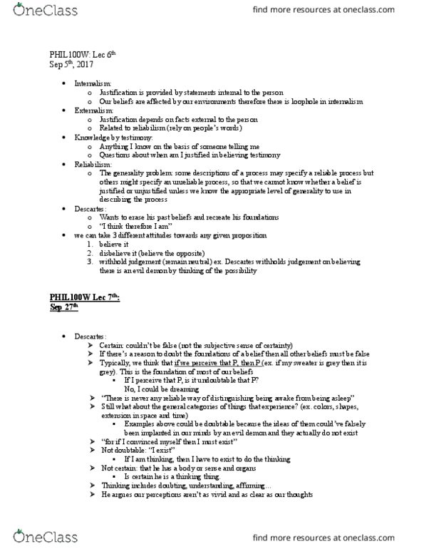 PHIL 100W Lecture Notes - Lecture 6: Reliabilism, Externalism, Internalism And Externalism thumbnail