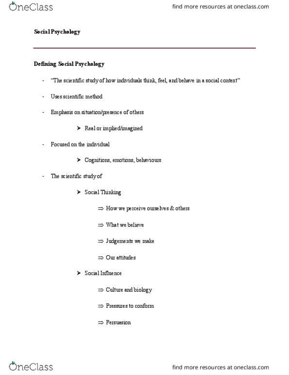 PSYC 2020U Lecture Notes - Lecture 1: Scientific Method, Social Influence, Cognitive Dissonance thumbnail