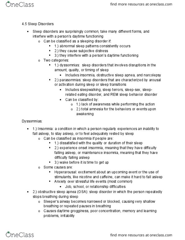 PSYC 201 Chapter Notes - Chapter 4.5: Obstructive Sleep Apnea, Sleep Disorder, Dyssomnia thumbnail