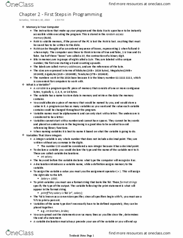 ECS 30 Chapter Notes - Chapter 2: Printf Format String, Decimal Mark, Binary Number thumbnail