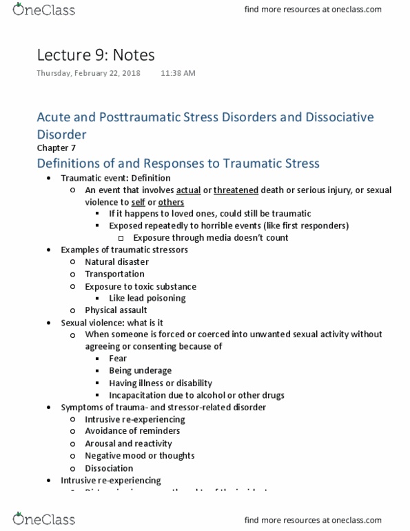 L33 Psych 354 Lecture Notes - Lecture 9: Acute Stress Reaction, Lead Poisoning, Sexual Assault thumbnail