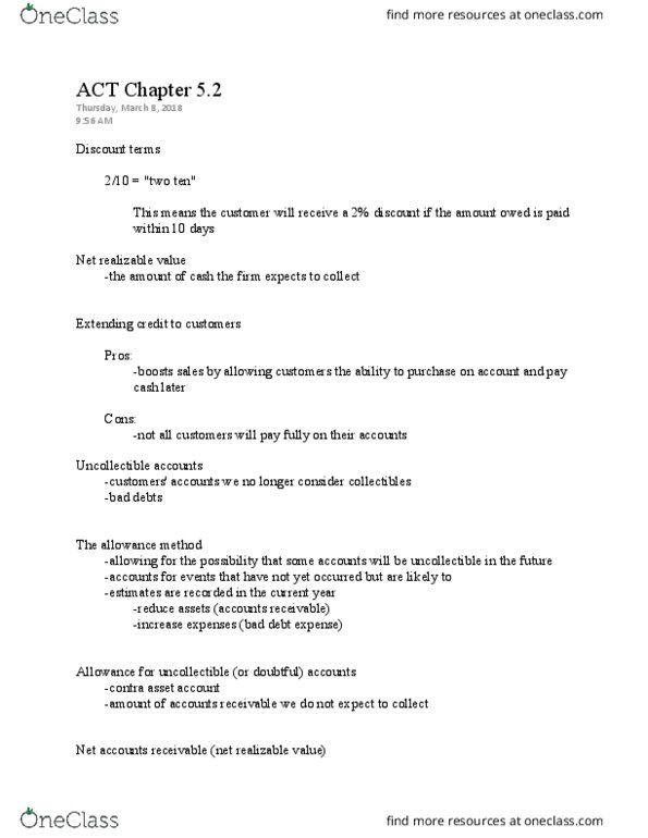 ACT 205 Chapter Notes - Chapter 5.2: Accounts Receivable thumbnail