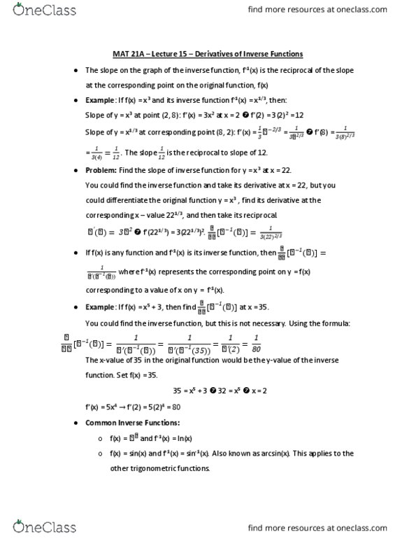 MAT 21A Lecture Notes - Lecture 15: Inverse Function, Product Rule, Quotient Rule thumbnail