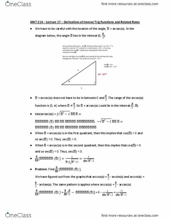 MAT 21A Lecture Notes - Lecture 17: Minute And Second Of Arc, Inverse Trigonometric Functions, Pythagorean Theorem thumbnail