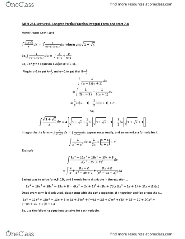 MTH 251 Lecture 8: Longest Partial Fraction Integral Form thumbnail