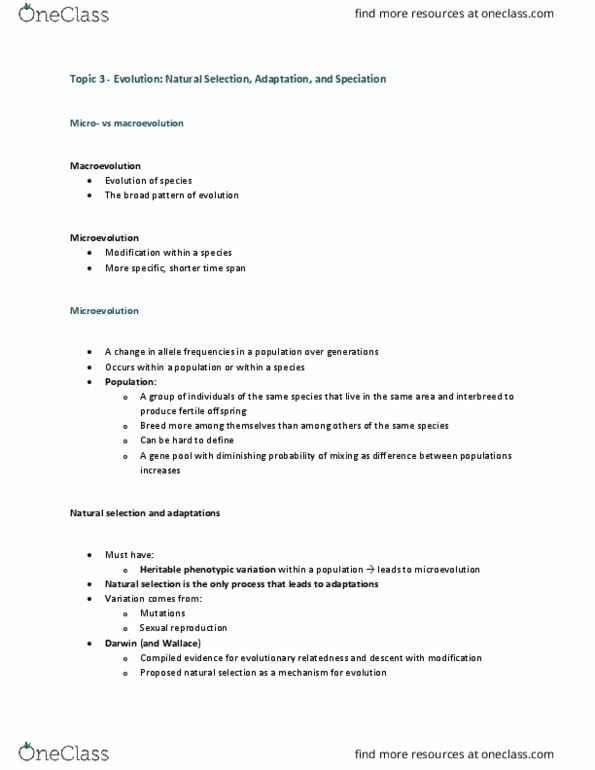 BIOL108 Lecture Notes - Lecture 6: Microevolution, Macroevolution, Allele Frequency thumbnail