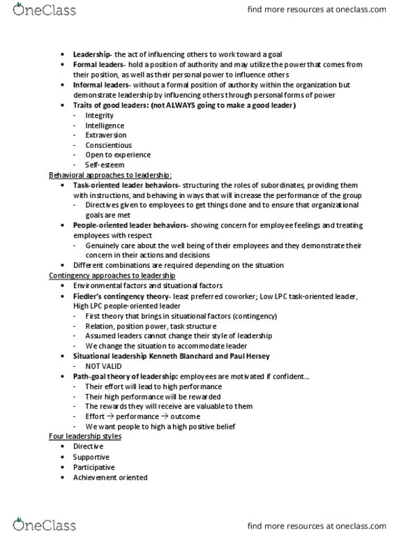 MAN 3025 Lecture Notes - Lecture 6: Extraversion And Introversion, Transactional Leadership, Servant Leadership thumbnail