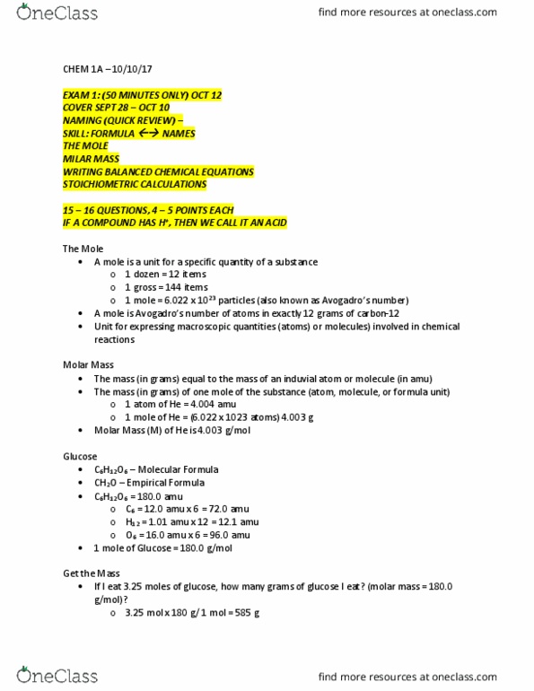 CHEM 001A Lecture Notes - Lecture 4: Molar Mass, Formula Unit, Unified Atomic Mass Unit thumbnail