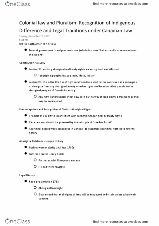 Law 2101 Lecture Notes - Lecture 15: Constitution Act, 1867, Federal Common Law, Aboriginal Title thumbnail