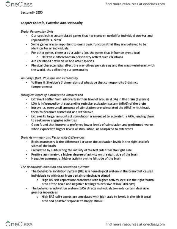 Psychology 2550A/B Lecture Notes - Lecture 6: Brain Asymmetry, Behavioral Activation, Length Overall thumbnail