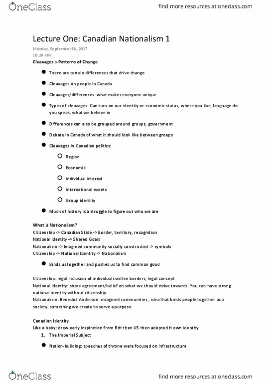 Political Science 2230E Lecture Notes - Lecture 1: Canadian Nationalism, Imagined Community, Canadian Identity thumbnail