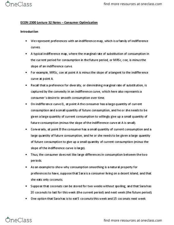 ECON 2300 Lecture Notes - Lecture 32: Consumption Smoothing, Indifference Curve, Budget Constraint thumbnail