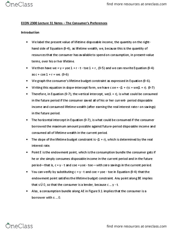 ECON 2300 Lecture Notes - Lecture 31: Real Interest Rate, Budget Constraint, Consumption Smoothing thumbnail