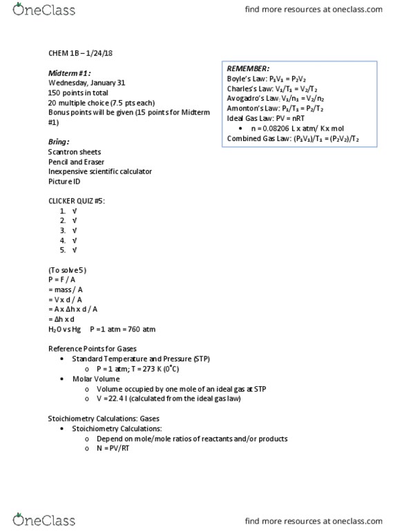 CHEM 001B Lecture Notes - Lecture 7: Combined Gas Law, Ideal Gas Law, Ideal Gas thumbnail